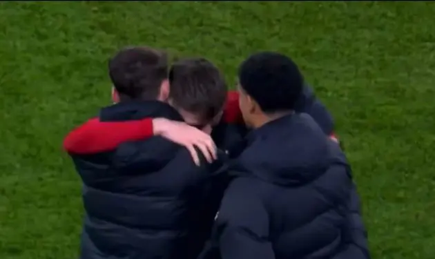 Conor Bradley is congratulated by Liverpool teammates