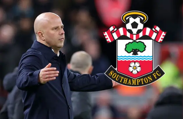 Arne Slot raises his arms in front of a Southampton club badge.