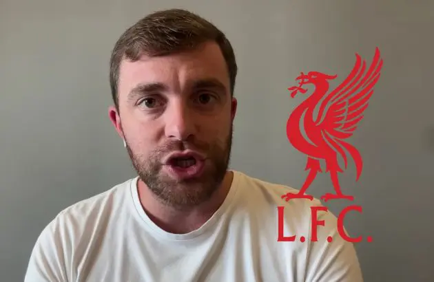 Fabrizio Romano talks next to Liverpool club crest.