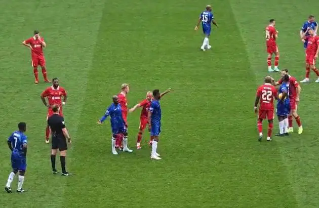 Jay Spearing exchanges words with Claude Makelele during the Legends match