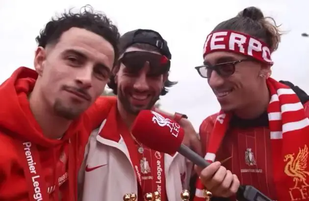 Curtis Jones, Dominik Szoboszlai and Kostas Tsimikas enjoy Liverpool's open-top bus parade