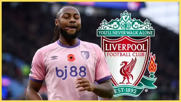 Antoine Semenyo licks his lips next to Liverpool club crest.