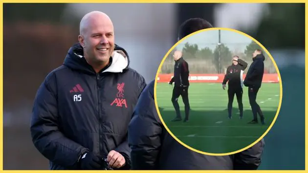 Arne Slot smiles in Liverpool training.