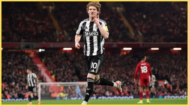 Anthony Gordon celebrates scoring against Liverpool at Anfield in January