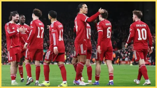Liverpool players celebrate against West Ham