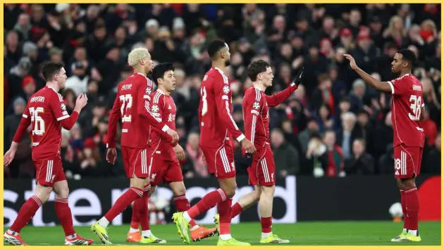 Liverpool players celebrate with Florian Wirtz after he scored against Qarabag