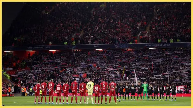 Players, match officials and fans take part in a minute's silence in remembrance of the victims of the 1989 Hillsborough disaster during the UEFA Champions League 2025/26 Quarter-Final Second Leg match between Liverpool FC and Paris Saint-Germain