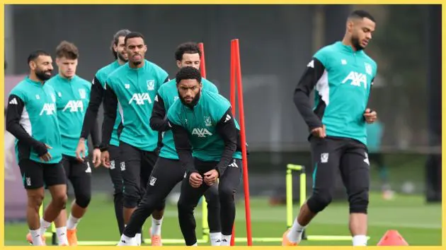 Gomez and teammates exercise during a training session of Liverpool FC ahead of the UEFA Champions League match between Liverpool FC and Real Madrid at AXA Melwood Training Centre