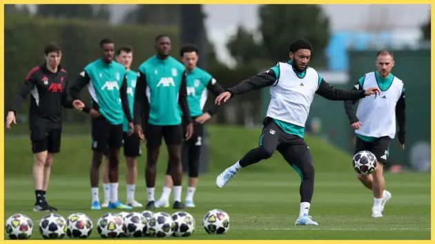 Joe Gomez and Alexis Mac Allister of Liverpool participate in the Liverpool FC Training Session ahead of their UEFA Champions League 2024/25 Quarter-Finals First Leg match against Paris Saint-Germain at AXA Training Centre