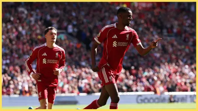 Alexander Isak of Liverpool celebrates scoring his team's first goal during the Premier League match between Liverpool and Crystal Palace at Anfield