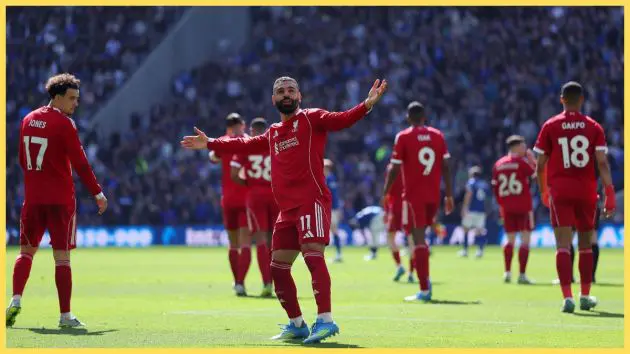 Mohamed Salah of Liverpool celebrates scoring his team's first goal during the Premier League match between Everton and Liverpool at Hill Dickinson Stadium
