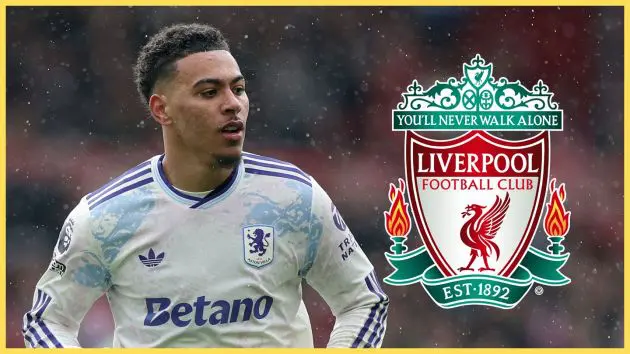Morgan Rogers looks at Liverpool club crest.