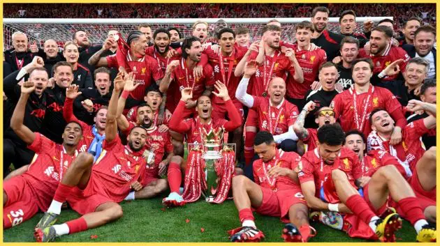 Liverpool players celebrate with the Premier League trophy