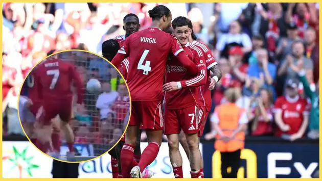Virgil van Dijk celebrates with Florian Wirtz after the German's goal against Crystal Palace