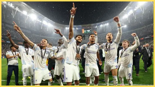 Morgan Rogers, Tyrone Mings, Ollie Watkins, Matty Cash and Harvey Elliott of Aston Villa celebrate following the team's victory in the UEFA Europa League Final 2026 match between SC Freiburg and Aston Villa FC at Besiktas Park