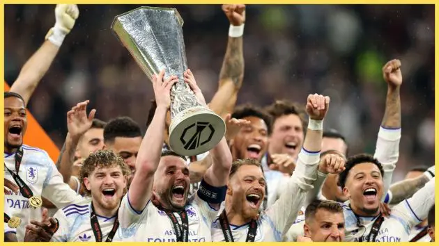 John McGinn of Aston Villa lifts the UEFA Europa League trophy with Harvey Elliott and other teammates after his side’s victory in the UEFA Europa League Final 2026 match between SC Freiburg and Aston Villa FC at Besiktas Park