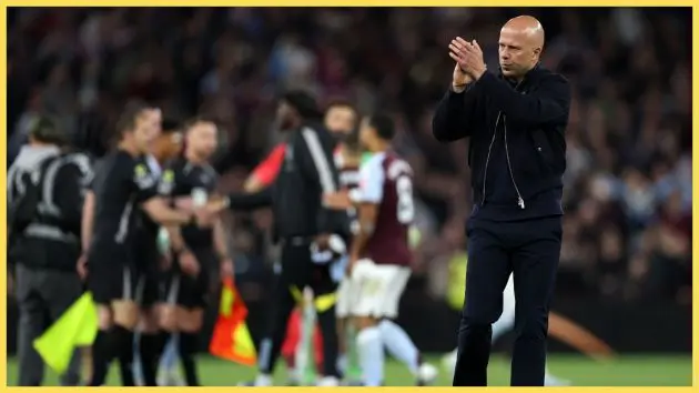 Arne Slot, Manager of Liverpool, applauds the fans after the Premier League match between Aston Villa and Liverpool at Villa Park