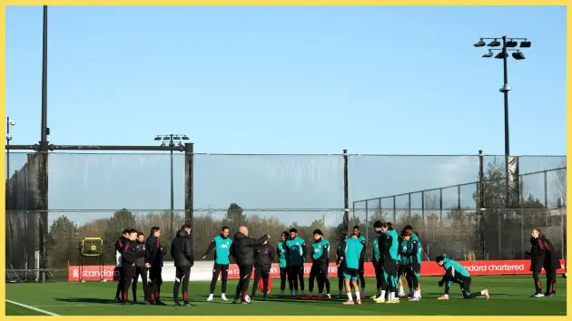 general view as Arne Slot, Manager of Liverpool, speaks to his players during a Liverpool training session ahead of the UEFA Champions League 2025/26 League Phase MD5 match against PSV Eindhoven at AXA Melwood Training Centre