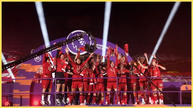 Liverpool players celebrate winning the Premier League in 2020