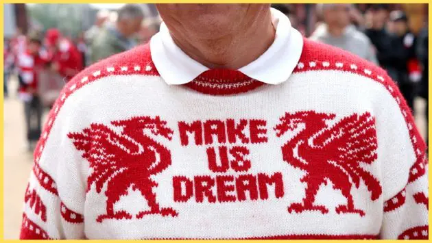 A Liverpool supporter sporting a 'Make Us Dream' jumper