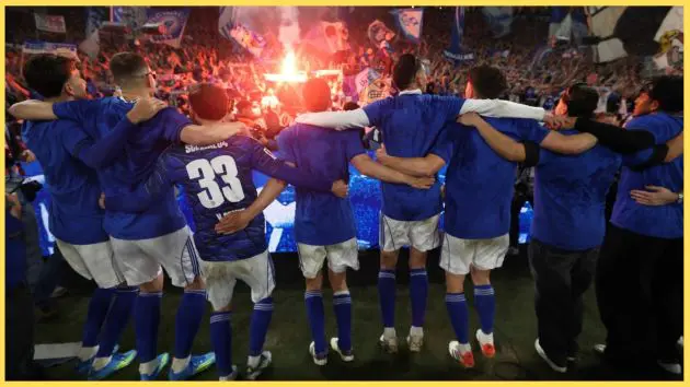Schalke players celebrate after their promotion to the Bundesliga