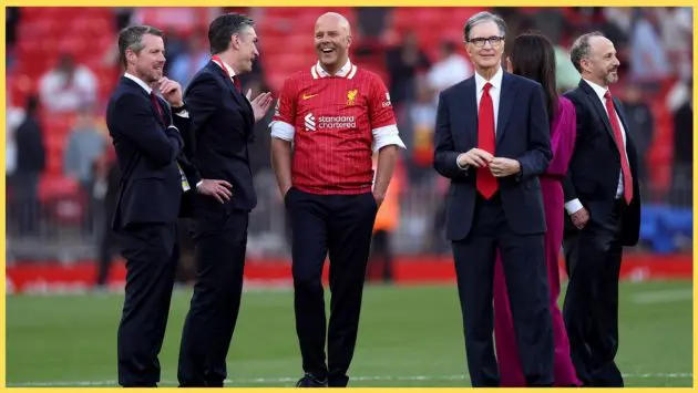 Arne Slot with the Liverpool hierarchy after winning the Premier League in 2025