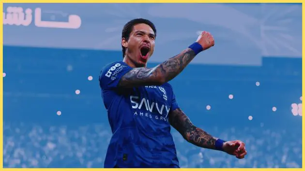 Liverpool-linked Darwin Nunez punches the air in celebration during Al-Hilal game.