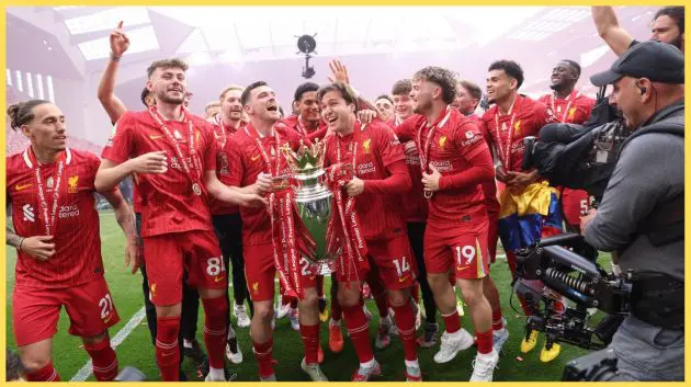 Federico Chiesa holds the Premier League trophy during Liverpool's title-winning celebrations in 2025