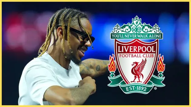 Liverpool transfer target Bradley Barcola dances next to LFC badge.