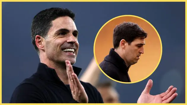 Arsenal manager Mikel Arteta claps his hands in celebration next to glum Liverpool boss Andoni Iraola.