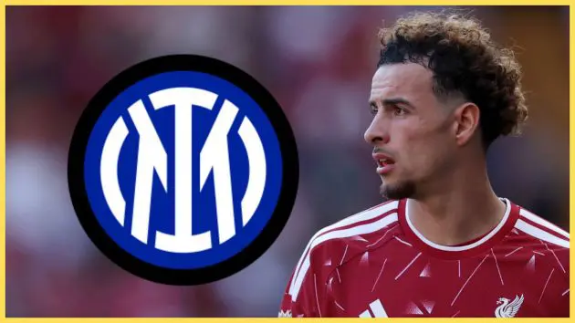 Liverpool midfielder Curtis Jones looks at Inter Milan club badge.