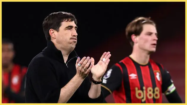 Liverpool manager Andoni Iraola claps his hands after Bournemouth game in the Premier League.