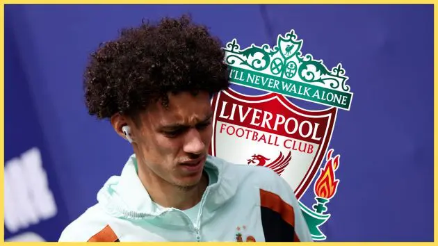 Reported Liverpool transfer target Maghnes Akliouche looks disappointed in front of LFC club crest.