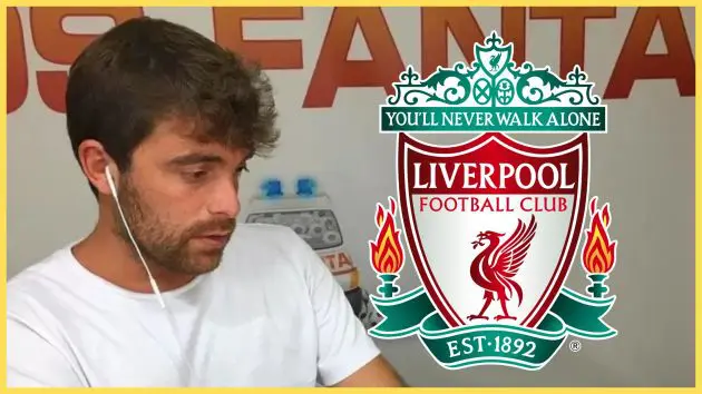 Transfer news expert Fabrizio Romano types on his phone next to Liverpool club crest.