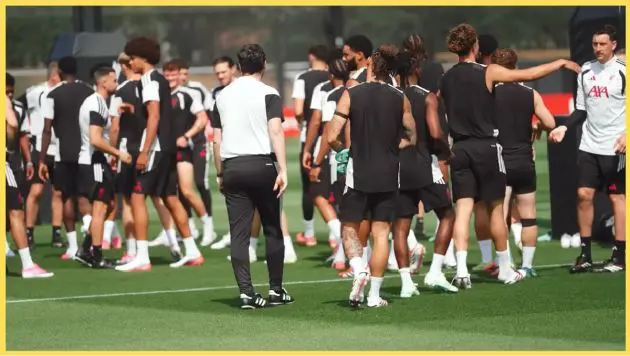 Liverpool players in the middle of a training session