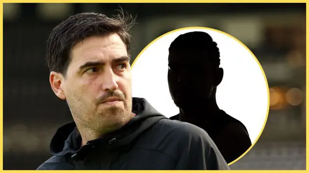 Liverpool manager Andoni Iraola looks over his shoulder at a silhouette.