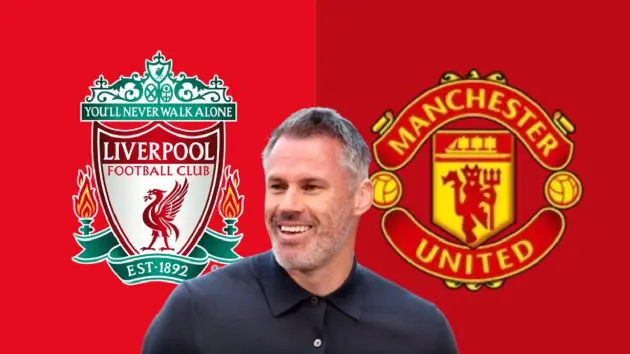 Jamie Carragher pictured in between the crests of Liverpool and Manchester United