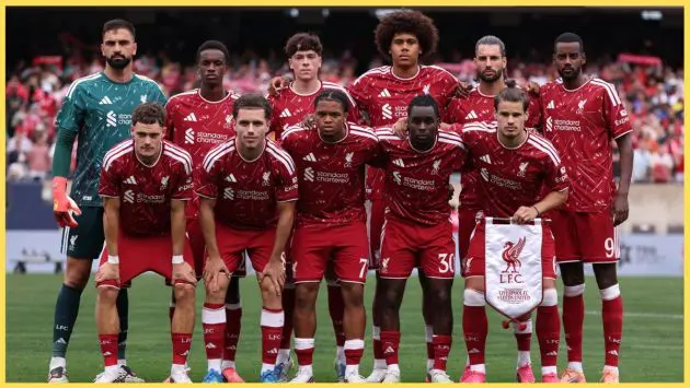 Liverpool players line up for a team photo before the friendly against Leeds
