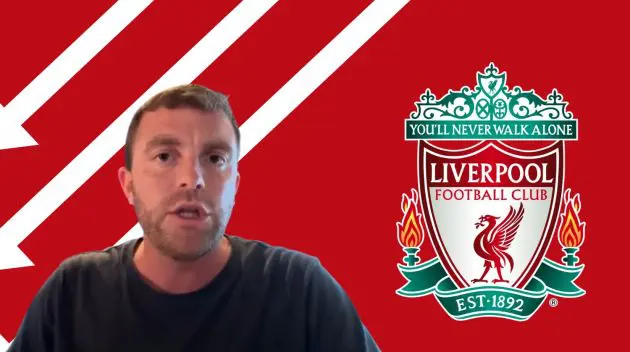 Fabrizio Romano pictured beside the Liverpool crest