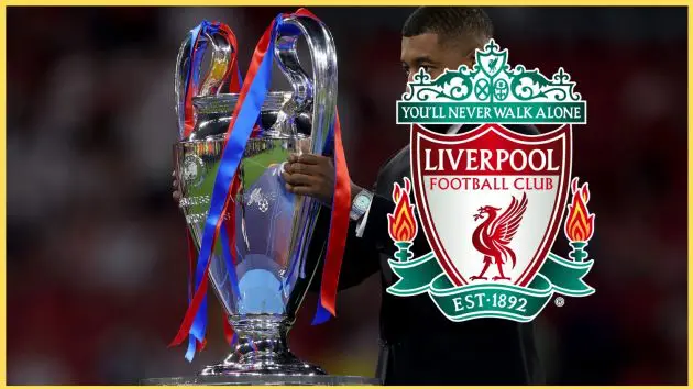 A picture of the Liverpool crest next to the Champions League trophy