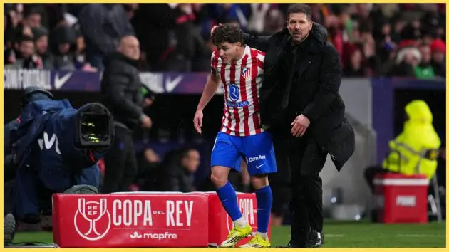 Diego Simeone interacts with Julian Alvarez in the technical area