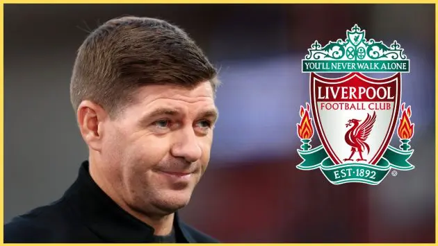 Steven Gerrard pictured next to the Liverpool crest