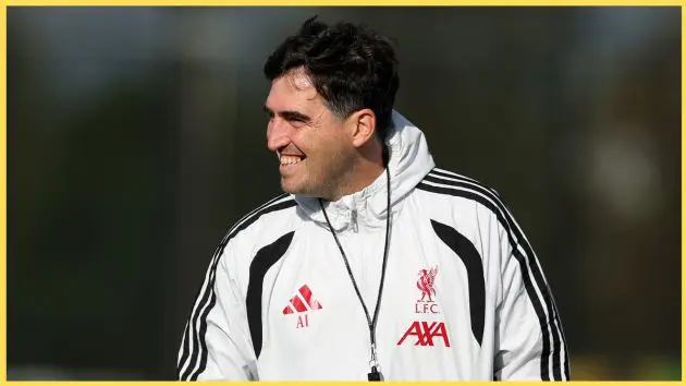 Andoni Iraola smiling during a Liverpool training session