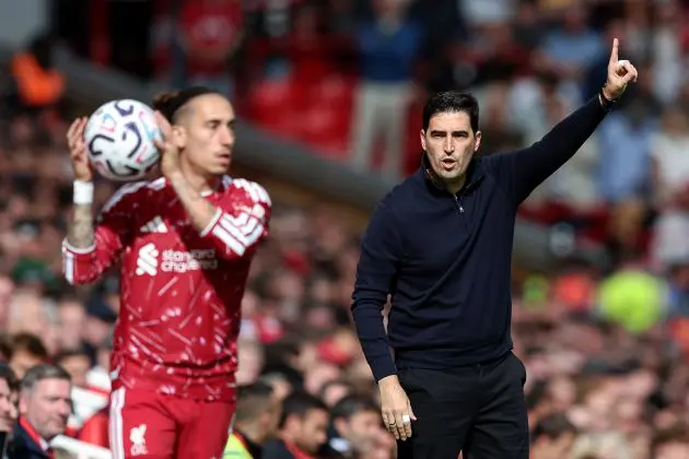 Liverpool head coach Andoni Iraola directing operations from the touchline
